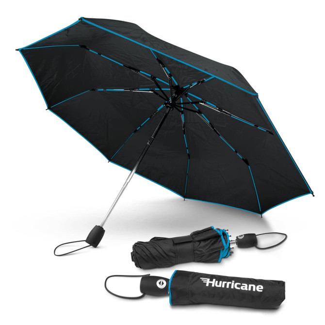 A black umbrella with turquoise accents, featuring a compact foldable design and a logo.