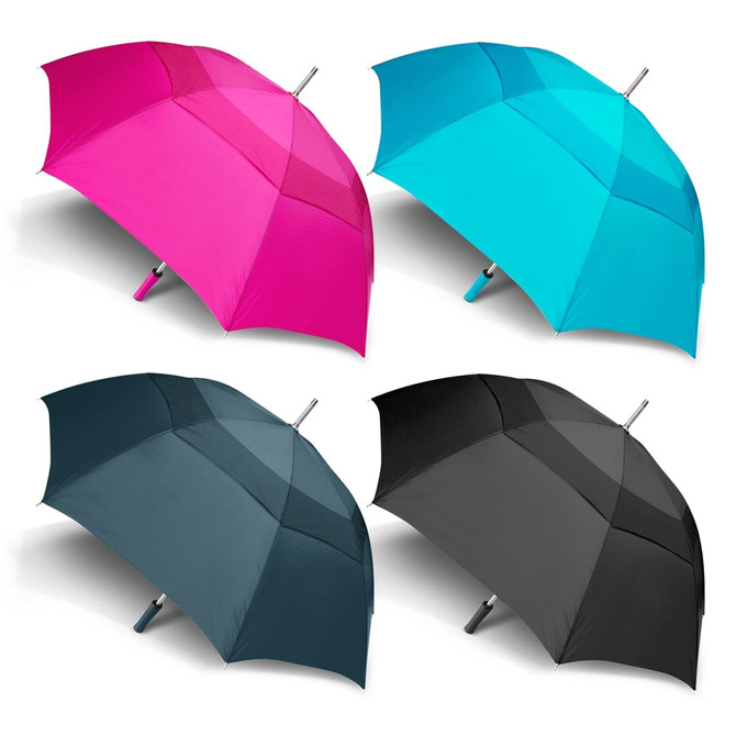 Four umbrellas are displayed: one bright pink, one turquoise, one dark teal, and one black. Each umbrella has a sturdy handle and a logo.