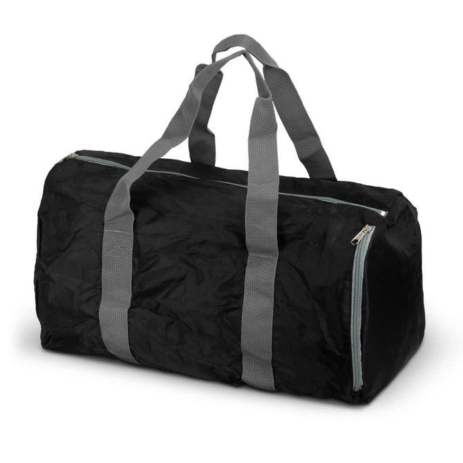 A black foldable duffle bag with grey straps and a zip closure, featuring a logo.