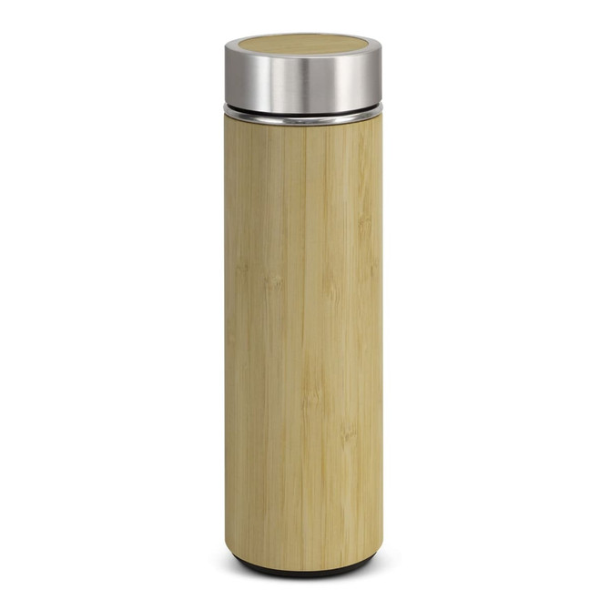 A drink bottle made of bamboo with a silver stainless steel lid, featuring a smooth, sleek design.