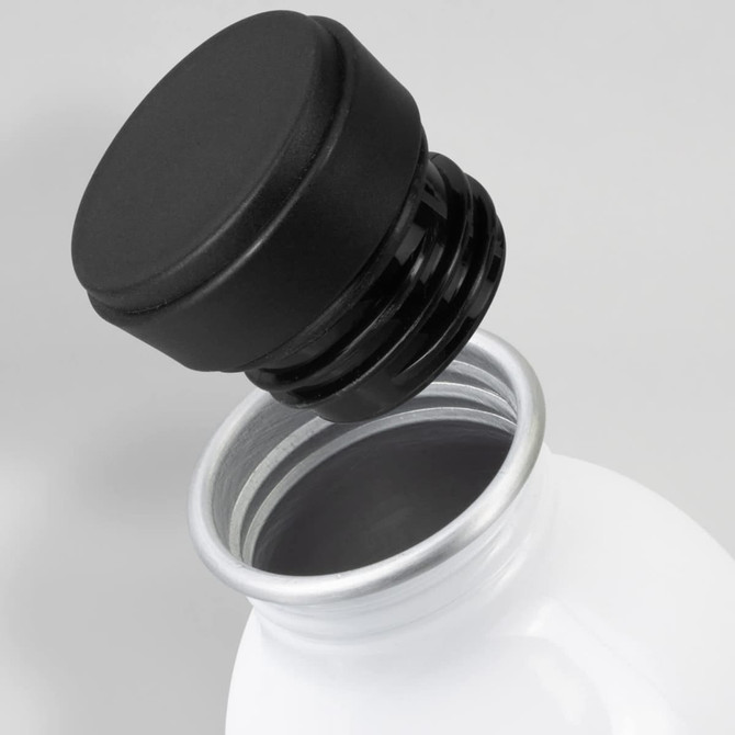 A drink bottle in white aluminium with a black screw-on lid, featuring an open top.