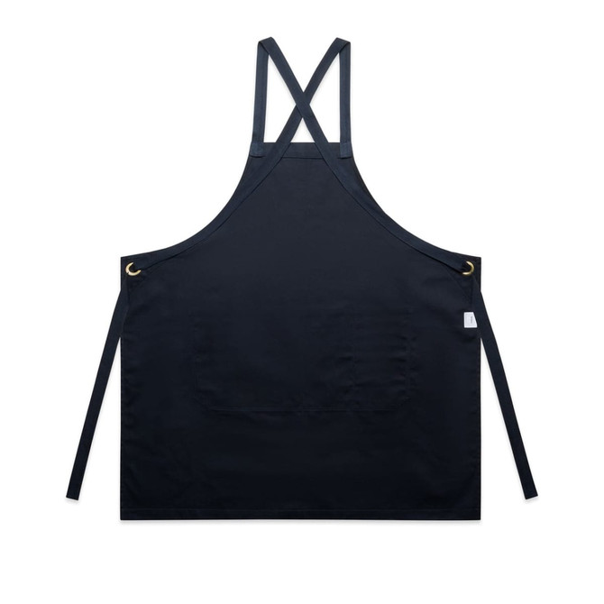 A black apron featuring crossed straps and a large front pocket, with eyelets and ties for fastening.