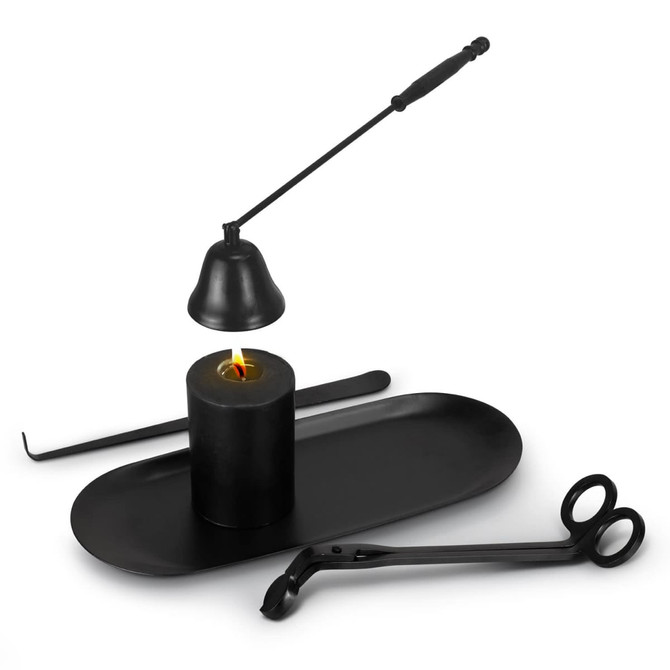 A black candle accessory set featuring a candle, holder, snuffer, wick trimmer, and tray, all in sleek design.
