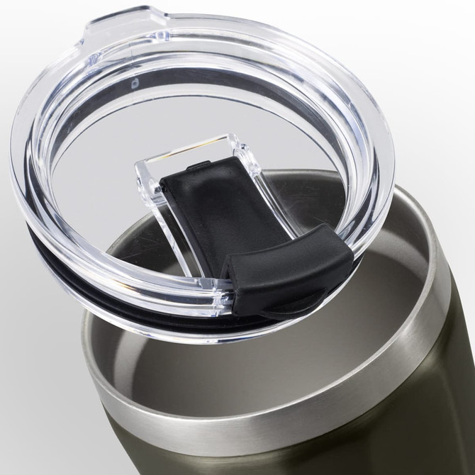 A drink bottle with a stainless steel body and a clear plastic lid featuring a black sliding cover.