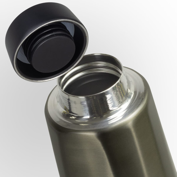 A drink bottle with a stainless steel body and a black screw cap, showcasing its opening.