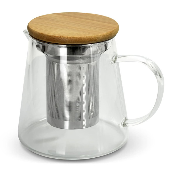 A teapot featuring a transparent glass body with a stainless steel infuser and a bamboo lid.