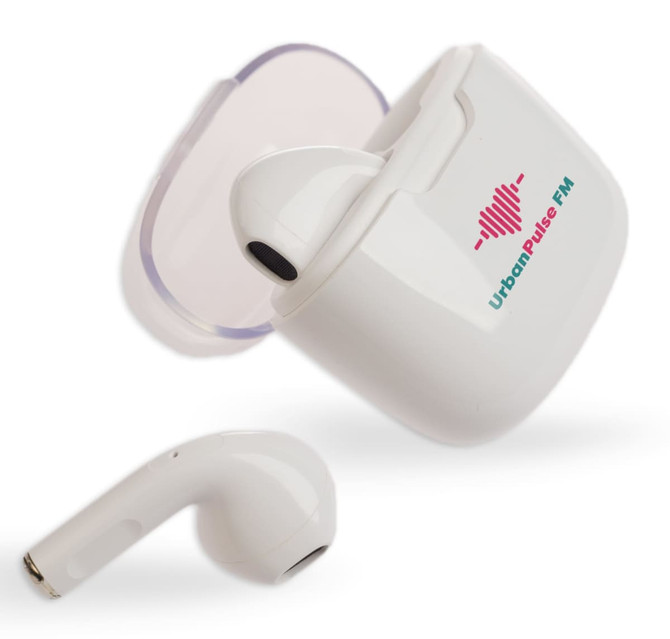 White Twista Earbuds with a charging case, featuring a logo on the case and one earbud displayed outside.