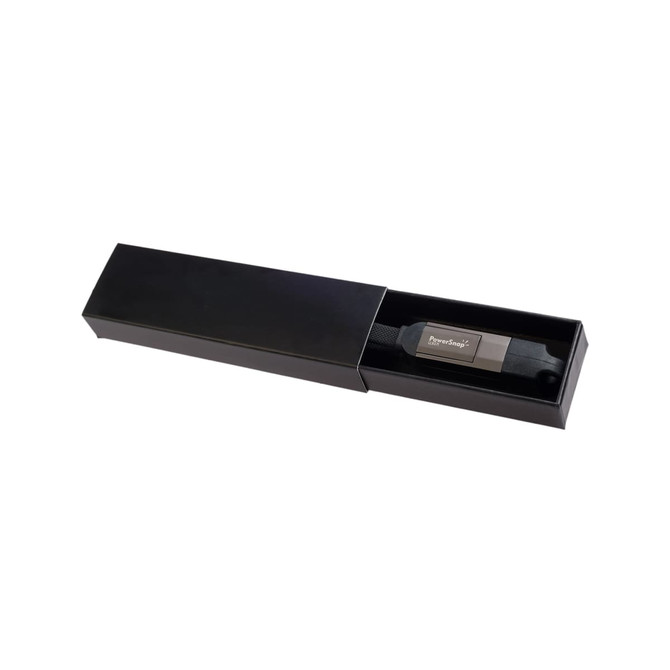 A black box containing a sleek 4-in-1 charging cable with a metallic connector. The box is simple and elegant.