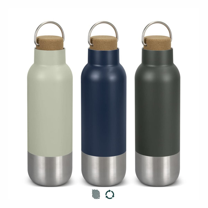 A drink bottle set featuring three models in green, navy, and dark grey with stainless steel bases and cork lids.