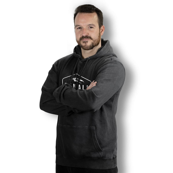 A faded grey unisex hoodie with a front pocket and a logo on the chest, featuring a relaxed fit.