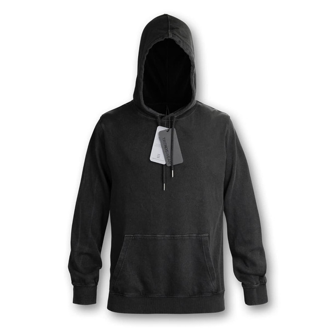A faded black unisex hoodie with a front pocket and a drawstring hood, featuring a tag and a logo.