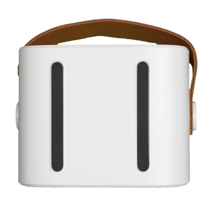 A Boombox Mini Speaker in white with a brown leather handle and two black speaker grills.
