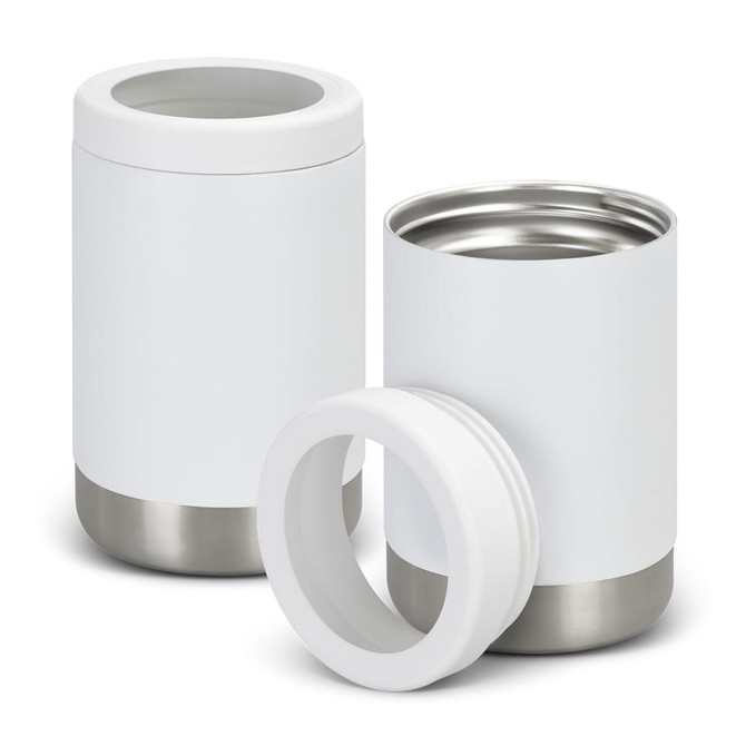 A drink bottle and cooler in white with a stainless steel base; features a lid and branding detail.