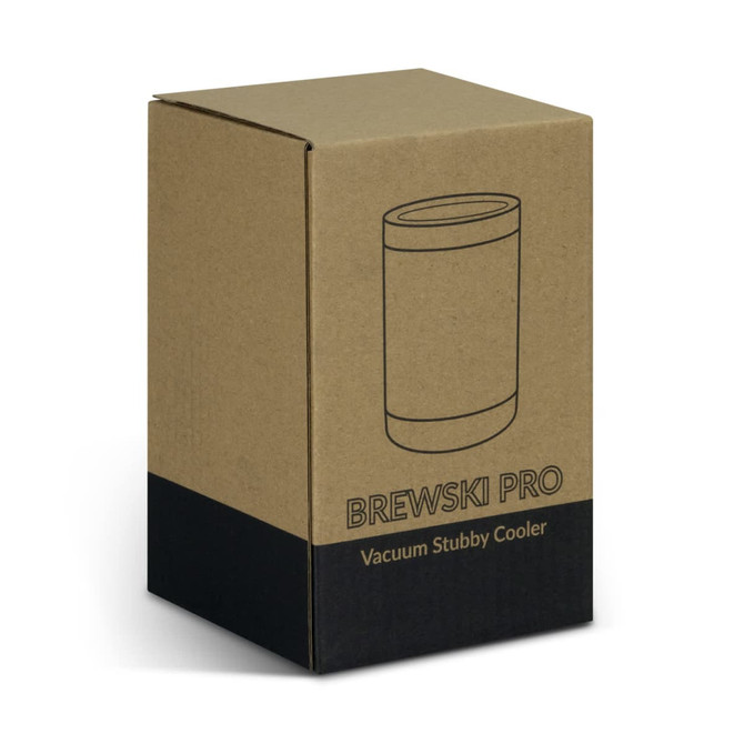 A drink bottle cooler in a cardboard box, featuring a simple design and a logo on the front. The box has brown and black colours.