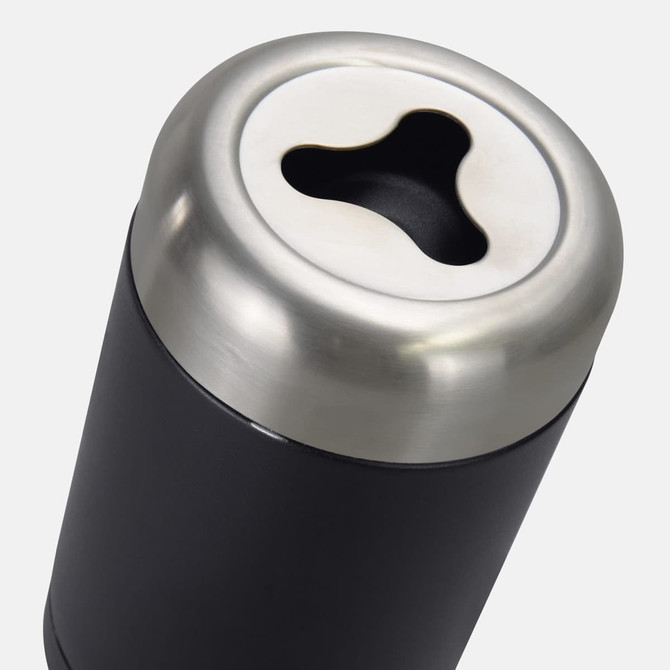 A drink bottle with a sleek black body and a stainless steel top featuring a unique opening.