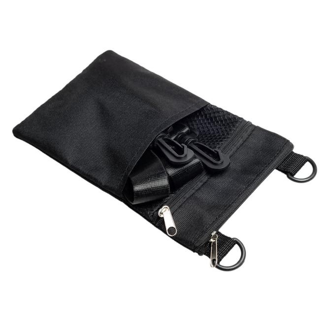 A black neck pouch with a textured pocket, featuring two clips and a zipper closure. It has a simple design.