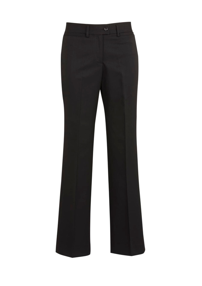 Black women's relaxed pants with a straight leg design, featuring a waistband and a logo.