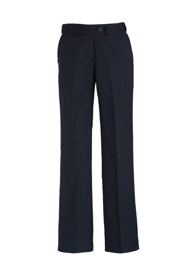 A pair of women's slacks in dark navy, featuring an adjustable waist and a straight-leg design.