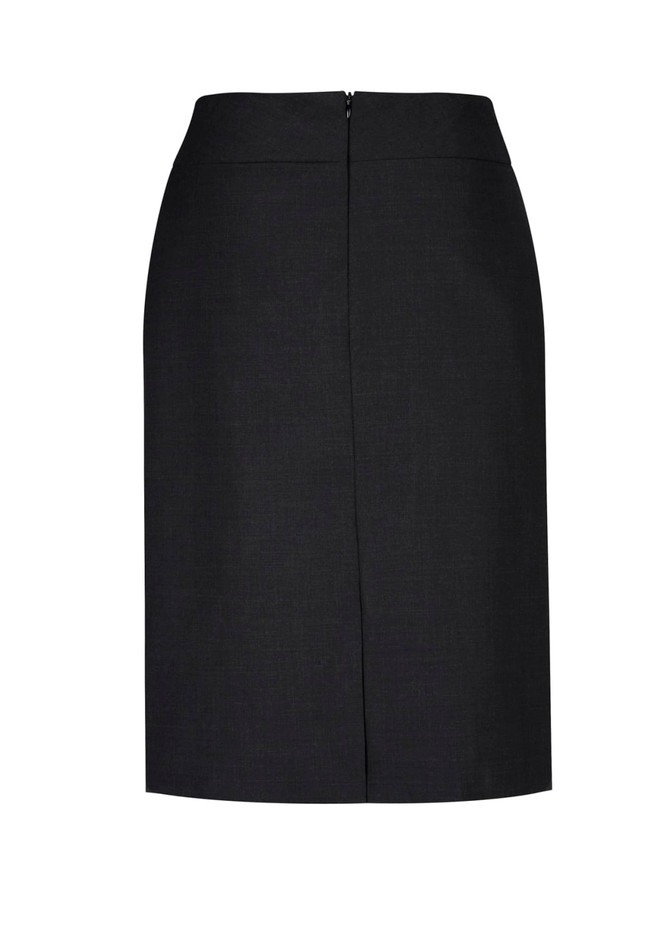 A black lined skirt with a relaxed fit and a back zipper. Features a simple, sleek design.