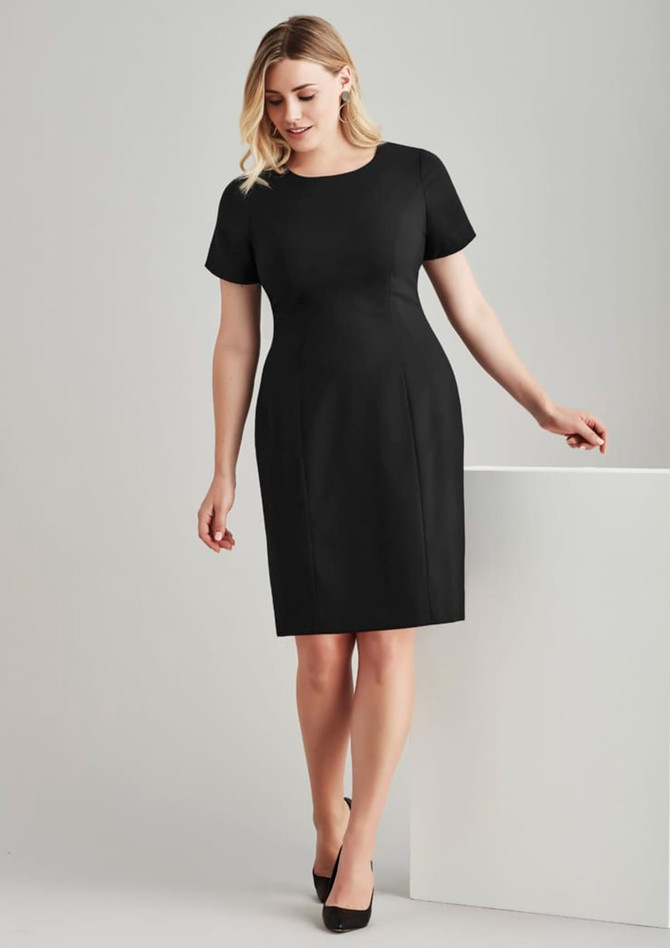 A black short sleeve shift dress with a fitted silhouette and a simple design, featuring a round neckline.