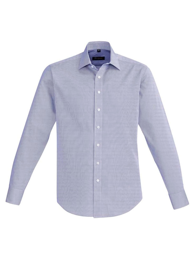 A light blue button-up shirt with a collar and long sleeves, featuring a logo.