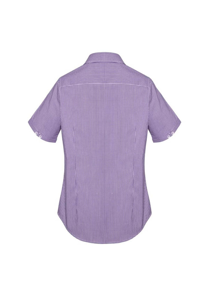 A short-sleeve women's button-up shirt in a purple check pattern, featuring a collar and a back yoke.