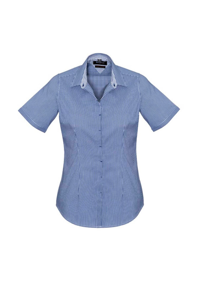 A short-sleeve women's button-up shirt in a blue and white gingham pattern, featuring a collar and fitted design.