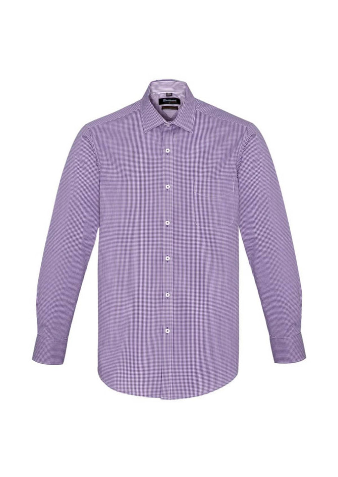 A long sleeve button-up shirt in a purple and white check pattern, featuring a pocket and a logo.