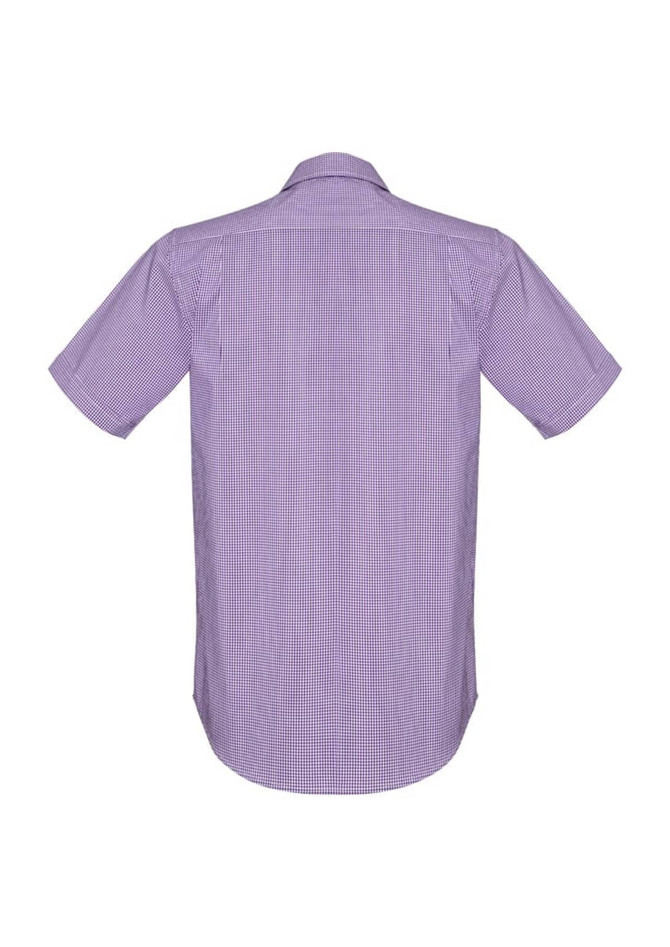 A short sleeve men's button-up shirt in a purple check pattern, featuring a collar and a logo.