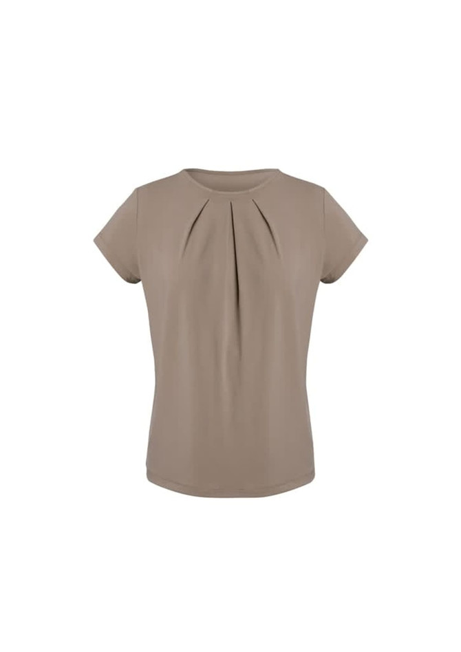 A short-sleeve women's top in a light beige colour with pleated detailing at the front. It features a logo.