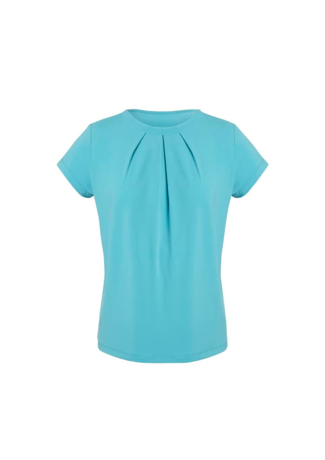 A light blue short sleeve top with pleat detailing and a round neckline. It features a logo on the design.
