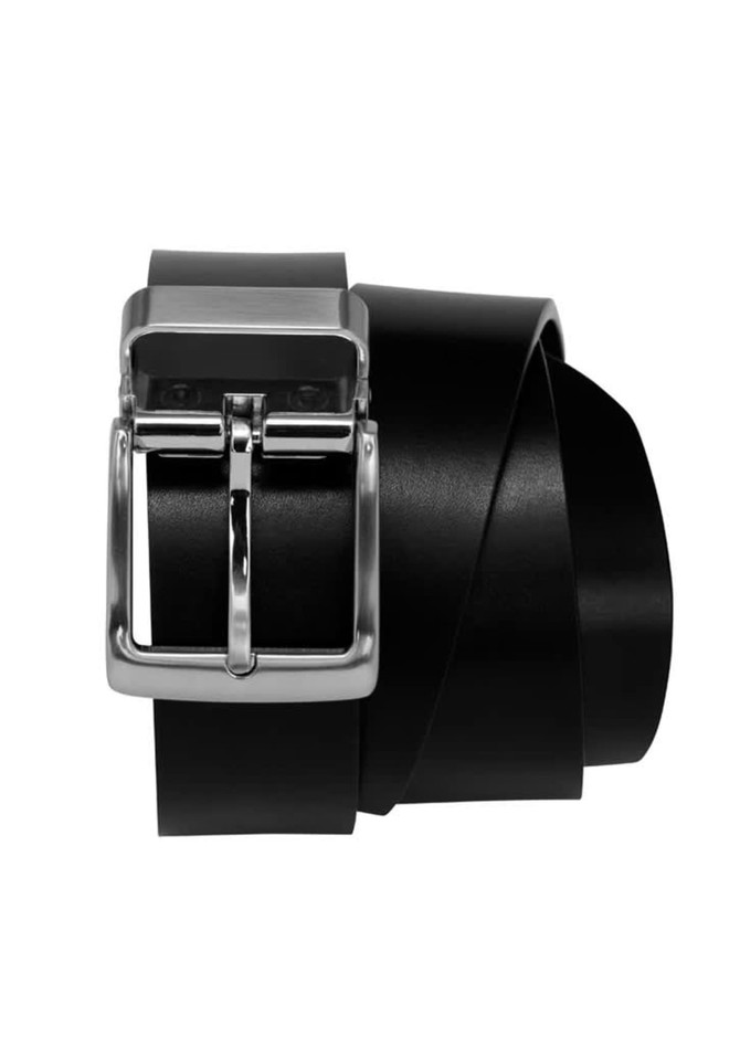 A black men's standard belt featuring a silver buckle and a sleek, smooth finish. The belt is rolled for display.