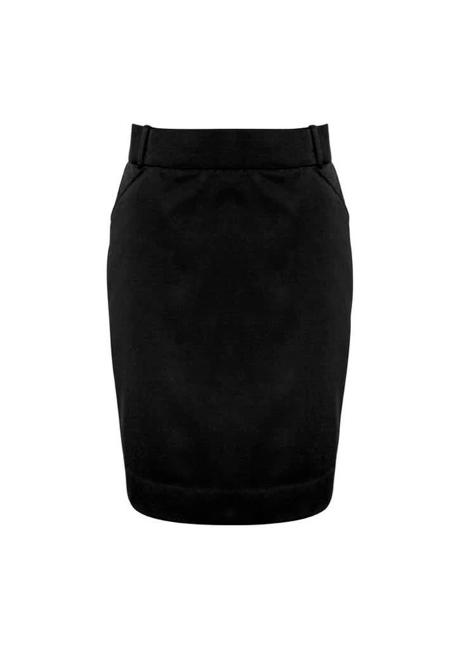 A black women's skirt with a tailored design, featuring pockets and a waistband. Contains a logo.