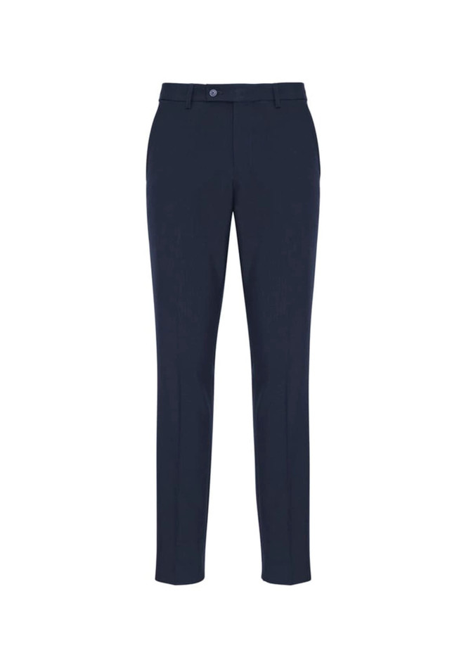 Navy classic slim pants with a tailored fit. Features a front button and belt loops, and has a logo on the waistband.