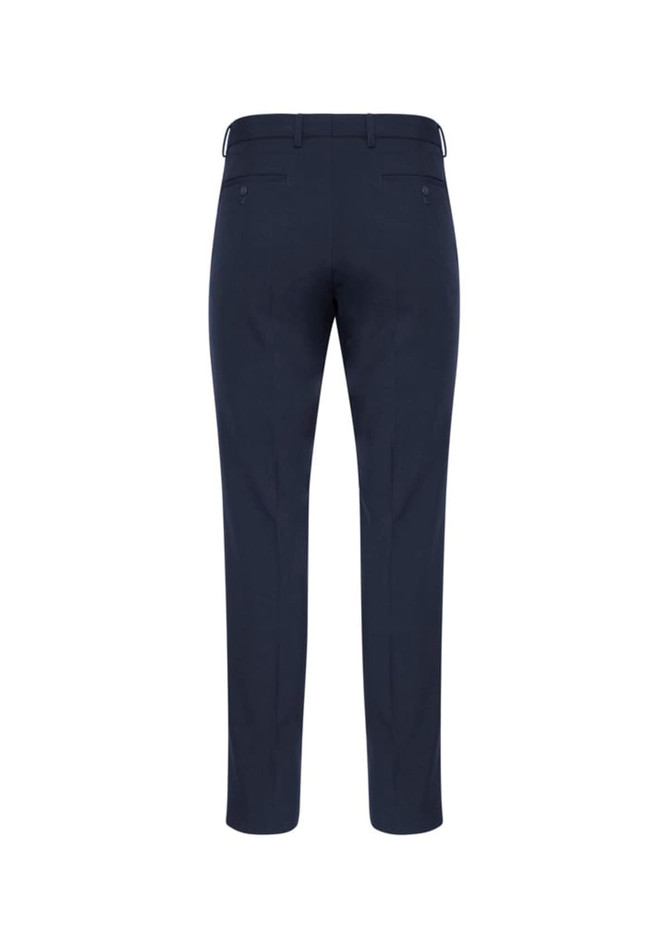 A pair of men's classic slim pants in navy blue, featuring a smooth back design with pockets and a branded label.