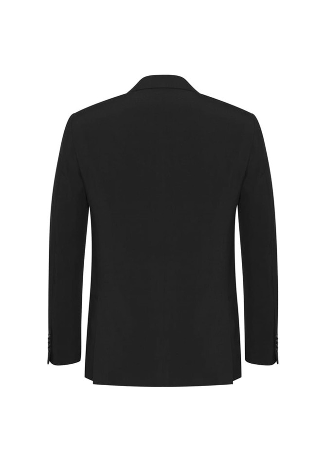 A black men's classic jacket with a structured fit and long sleeves, featuring a back view.