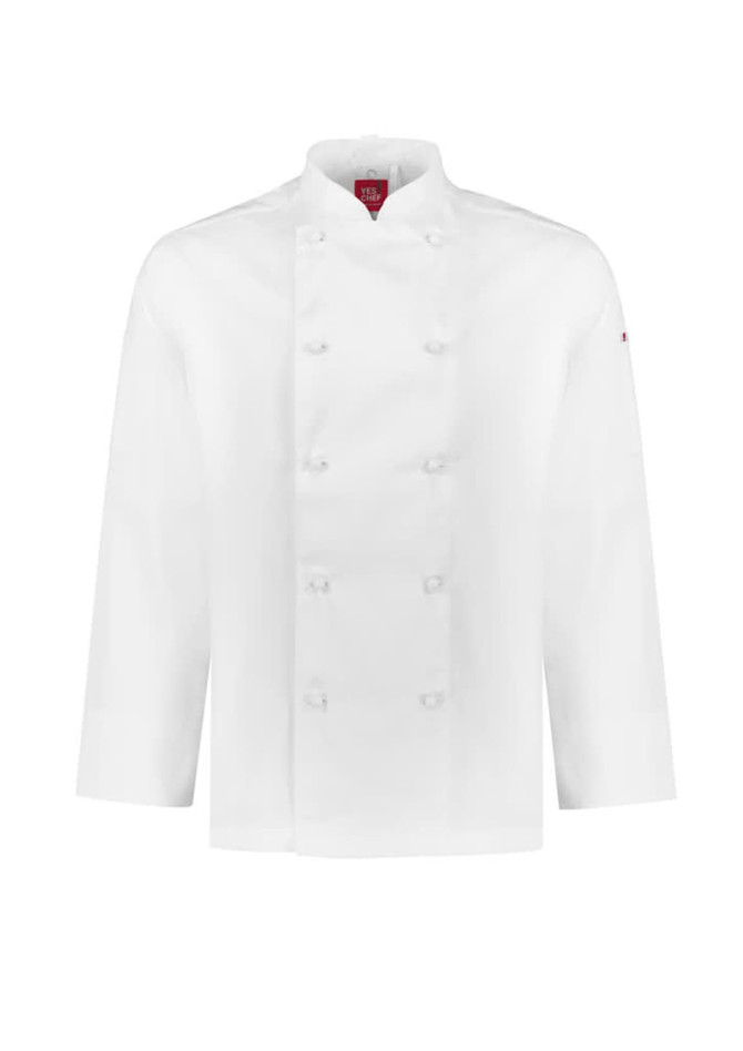 A white long sleeve chef jacket with a double-breasted design and branding on the sleeve.