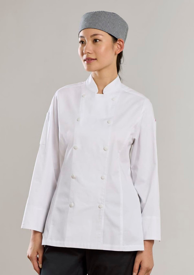 A white long sleeve chef jacket with a double-breasted front and a checkered chef hat.
