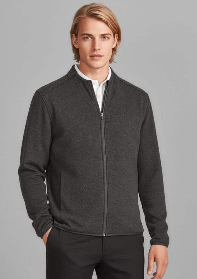 A grey zip-front jumper for men, featuring a high collar and a logo on the chest. Suitable for casual or smart-casual wear.