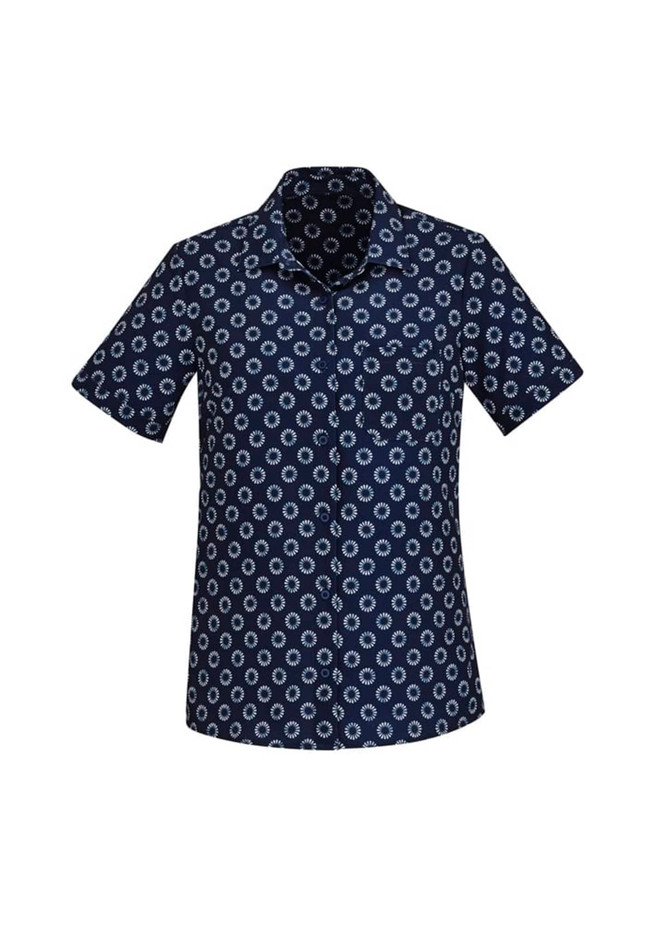 A short sleeve, button-up shirt featuring a navy background with a white daisy print pattern.