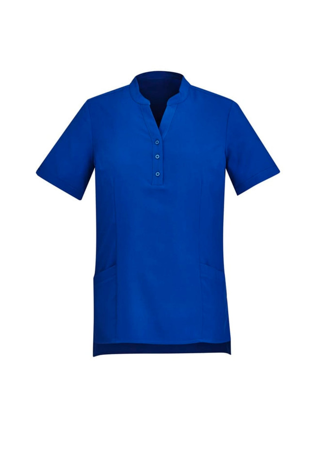 A blue women's tunic with a collar, short sleeves, a button placket, and pockets. It features a logo.
