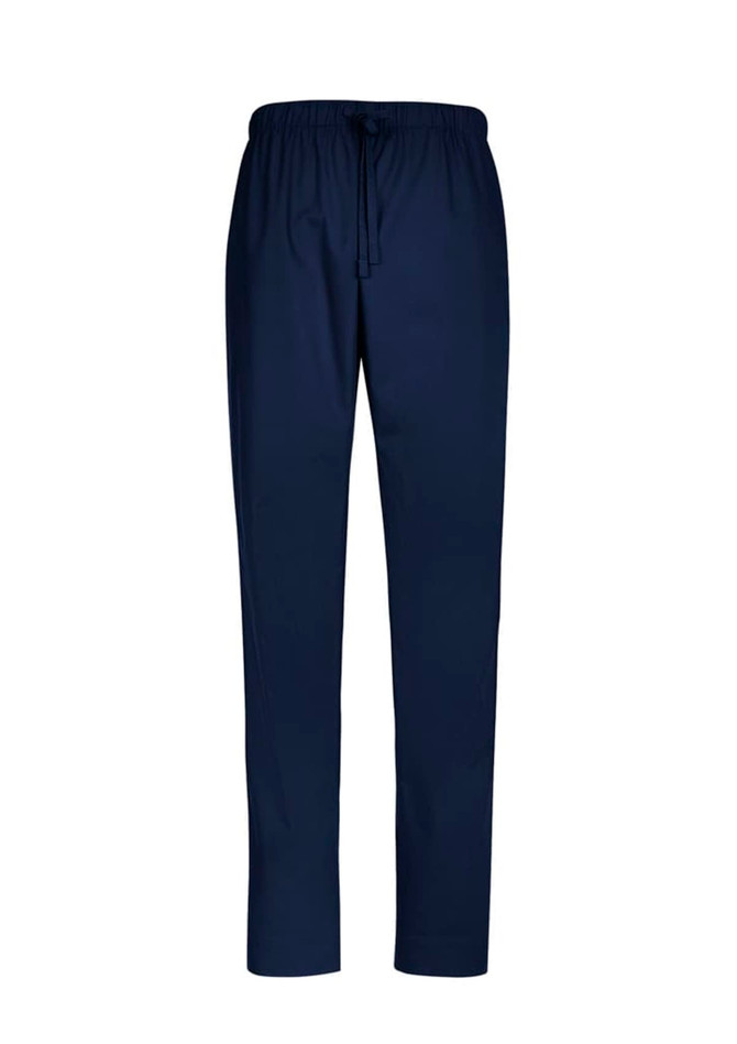 Navy unisex scrub pants with a relaxed fit, featuring an elastic waistband and drawstring, reversible design.