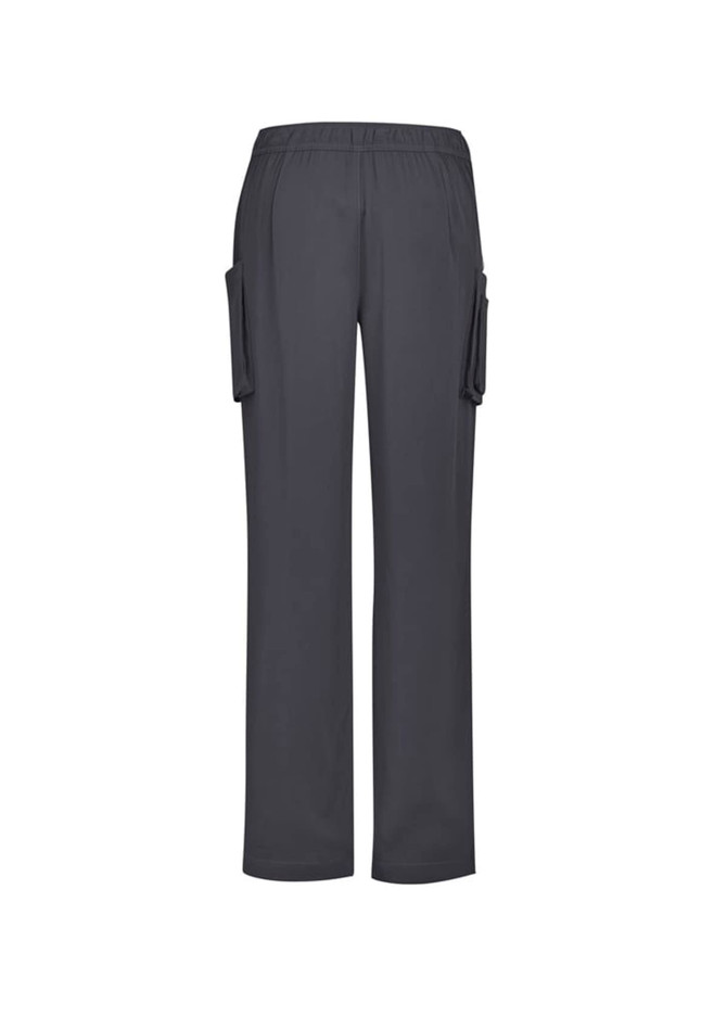 Grey straight leg scrub pants with pockets, featuring an elastic waistband. No visible logos or branding.