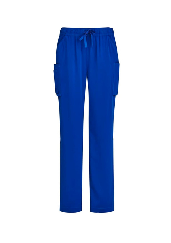 Bright blue women's straight leg scrub pants with side pockets and an elastic waistband. Features a logo.