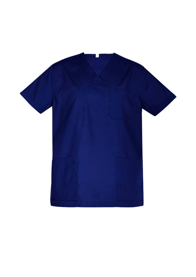 A unisex reversible scrub top in navy blue with multiple pockets and a logo.