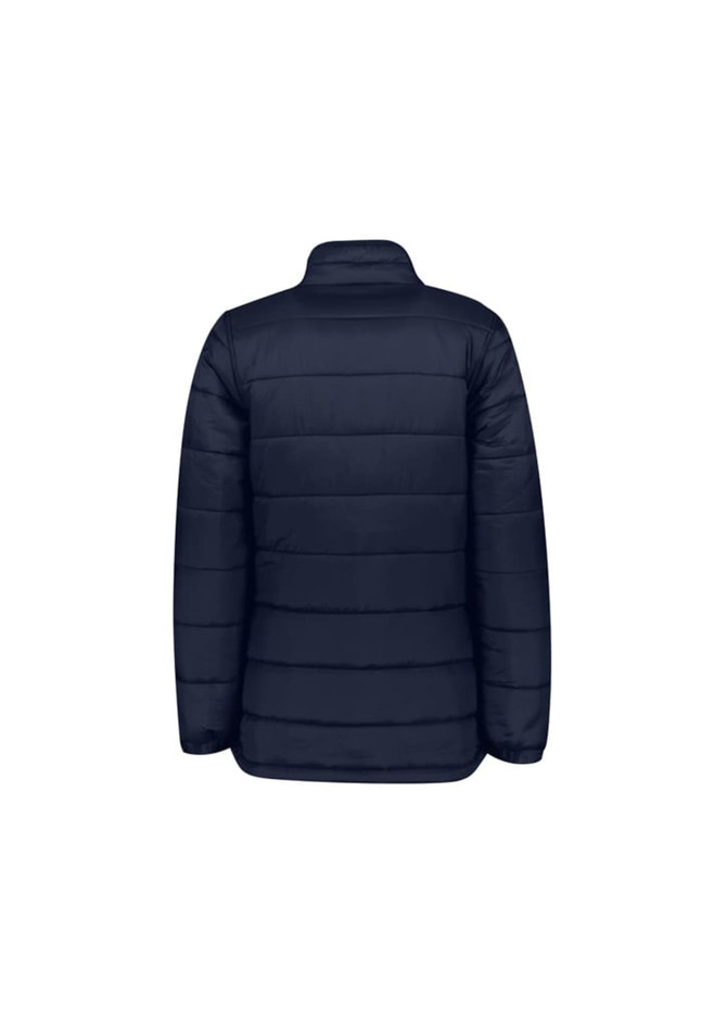 A dark navy women's puffer jacket featuring a smooth finish and horizontal quilted design on the back.