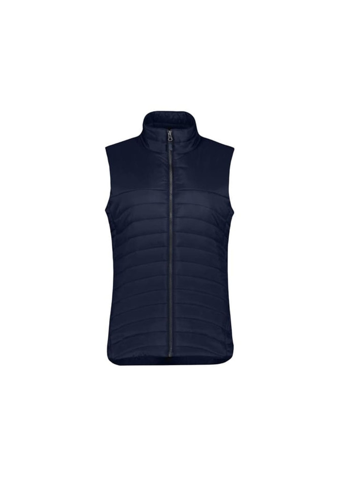 A navy womens expedition vest with a zip front and a high collar, featuring a quilted design and no sleeves.