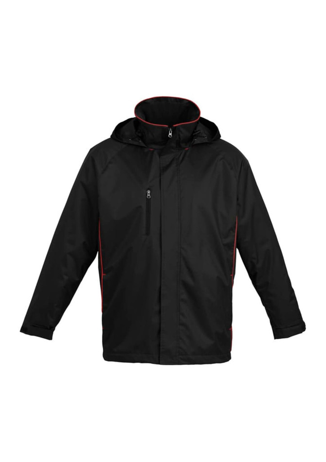 A black unisex jacket with a hood and contrast piping, featuring a front zip and side pockets. It has a logo.