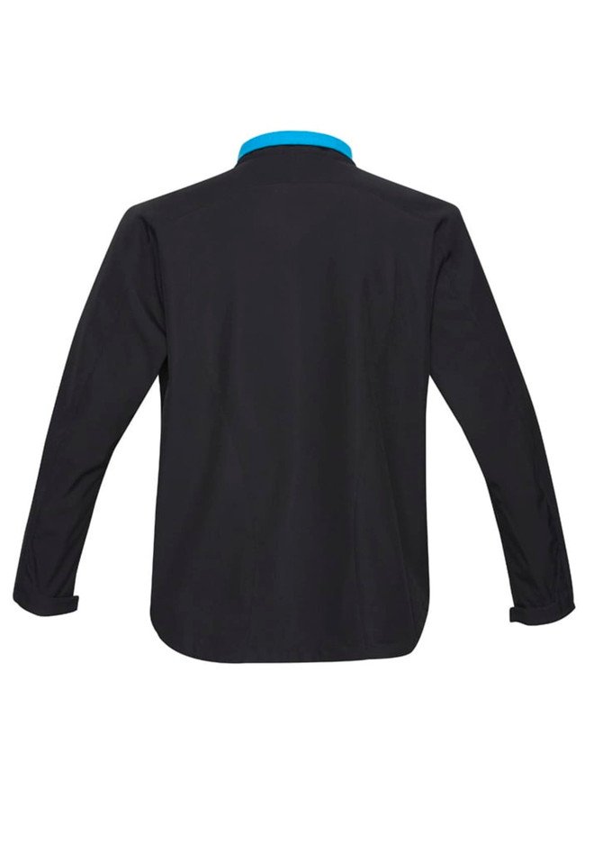 A black jacket with a blue collar, featuring long sleeves and a rear view design, includes a logo.