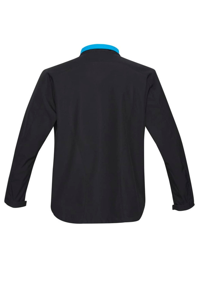 A black soft shell jacket with a blue collar, featuring long sleeves and a logo.